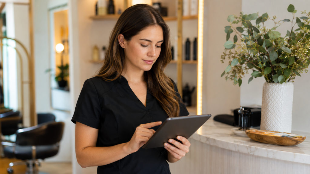 cosmetologist checking license status meaning on laptop